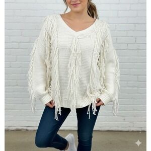 J Jill Cream Knit Fringe V Neck Sweater Pullover Long Sleeve Women's